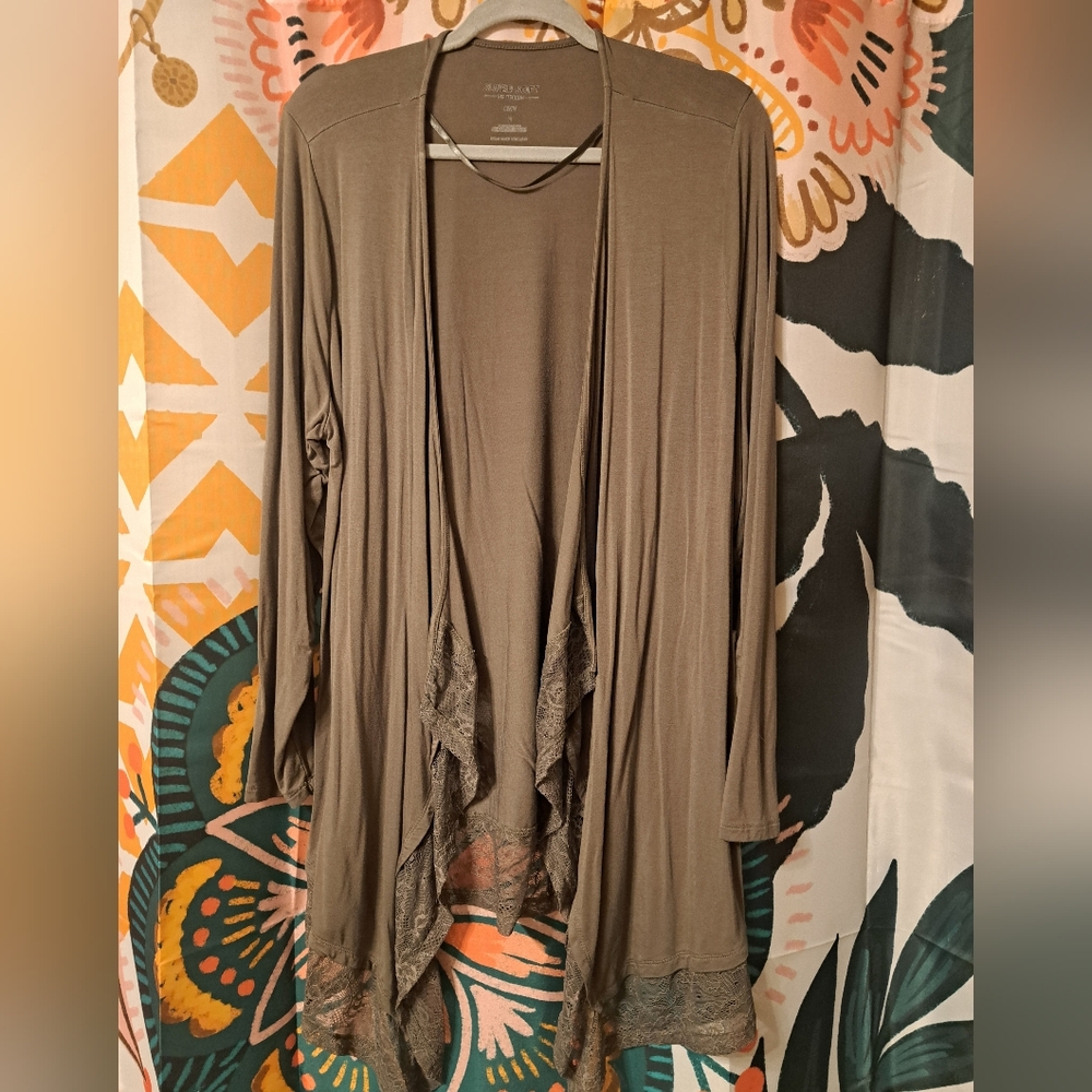 Torrid Olive Super Soft Lace-Trim Open Cardigan
